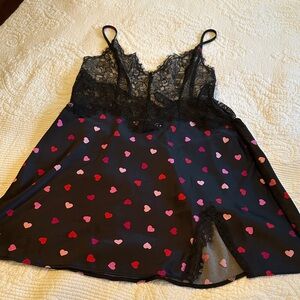 Victoria's Secret Black Lace Chemise with Pink and Red Hearts